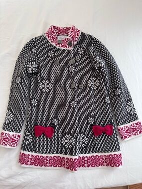 Girls Black & White Snowflake Pea Coat with Pink Trim and Bows